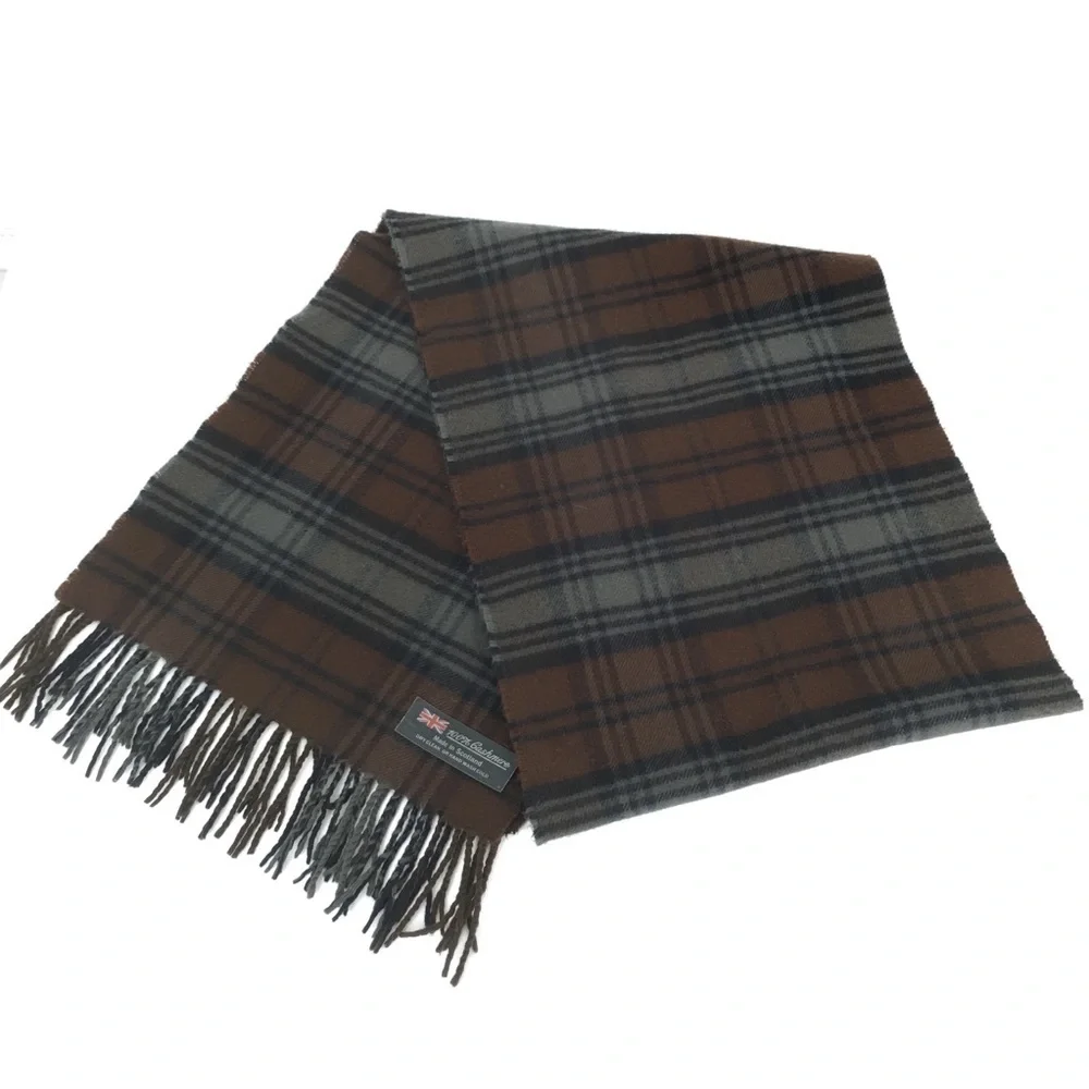 100% Cashmere Made in Scotland Chocolate Brown Latte Plaid Fringe Scarf Unisex